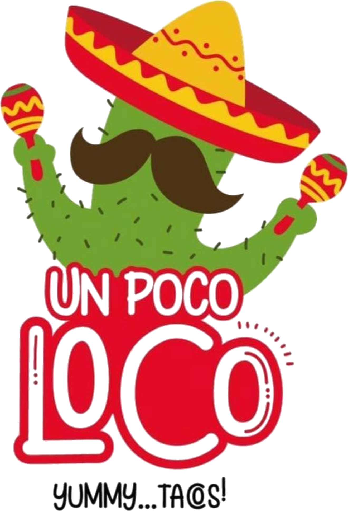 Un Poco Loco cactus mascot wearing a red and yellow sombrero and holding maracas